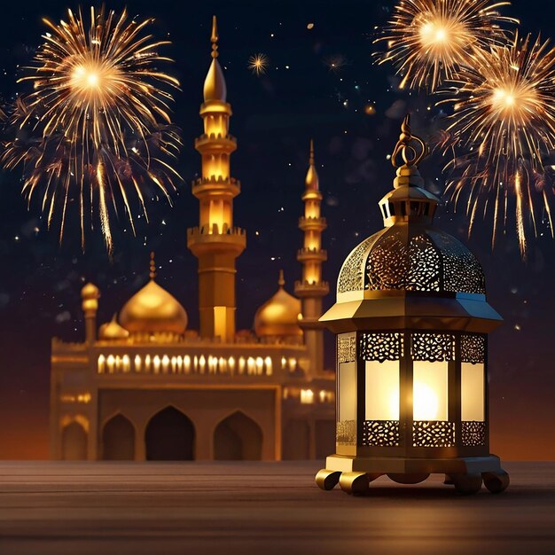 Foto ramadan kareem eid mubarak lampada elegante reale con porta sacra della moschea con fuochi d'artificio