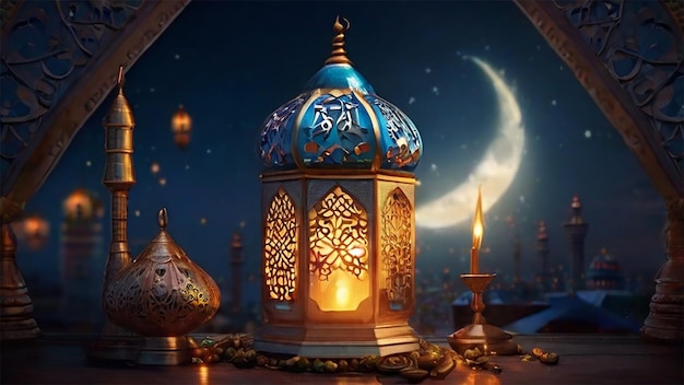 ramadan kareem eid mubarak royal elegant lamp with mosque holy gate with fireworks