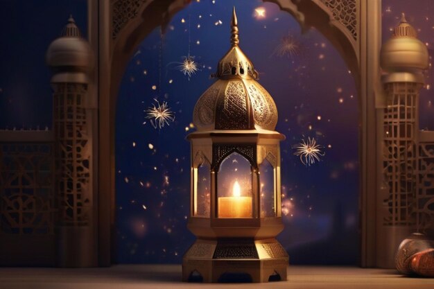 ramadan kareem eid mubarak royal elegant lamp with mosque holy gate with fireworks