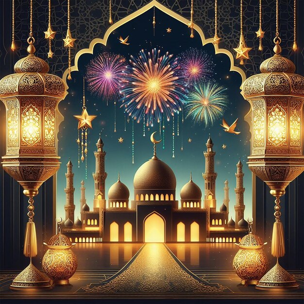 Foto ramadan kareem eid mubarak reale lampada elegante con moschea porta sacra con fuochi d'artificio