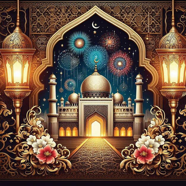 ramadan kareem eid mubarak royal elegant lamp with mosque holy gate with fireworks