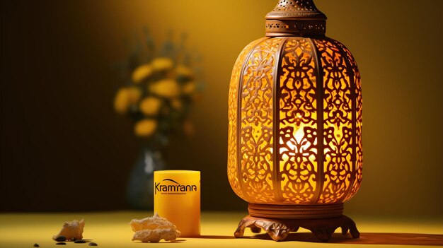 Photo ramadan kareem eid mubarak royal elegant lamp with mosque holy gate with fireworks