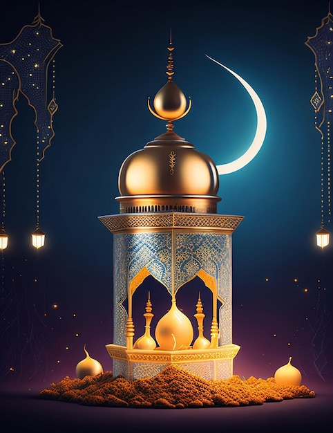 ramadan kareem eid mubarak royal elegant lamp with mosque holy gate with fireworks