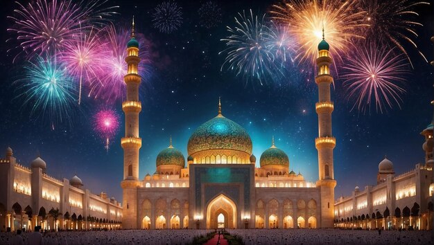 写真 ラマダン・カリーム・イード・ムバラク ロイヤル・エレガント・モスク 聖門と花火