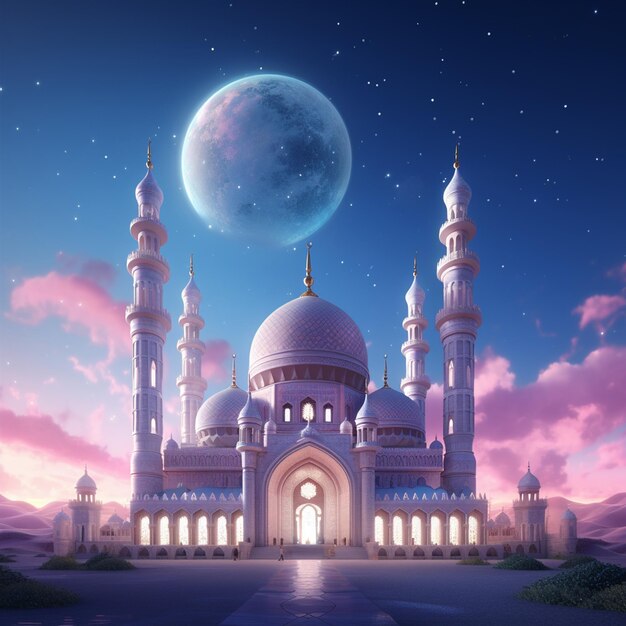 Ramadan kareem eid mubarak royal mosque moon and mosque in front of night cloudy