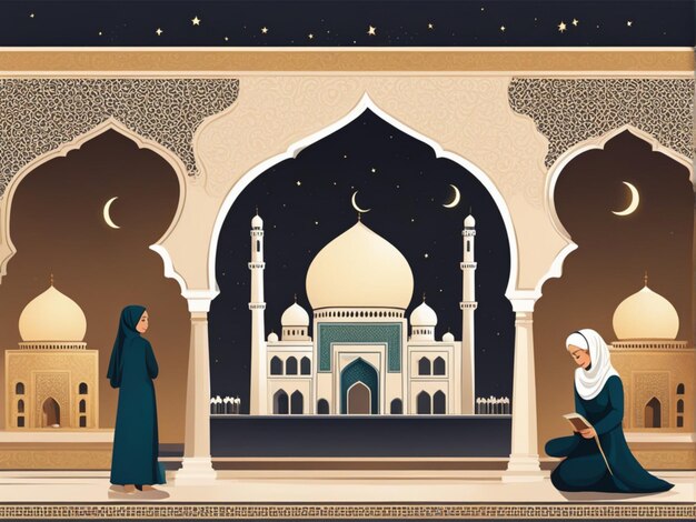Ramadan Kareem Eid Mubarak Vector leuke illustratie van een islamitische stad met een moskee en een halve maan