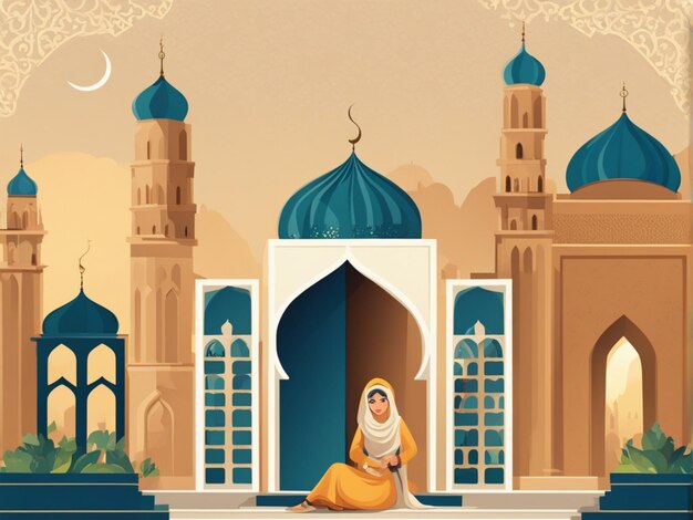 Ramadan Kareem Eid Mubarak Vector leuke illustratie van een islamitische stad met een moskee en een halve maan