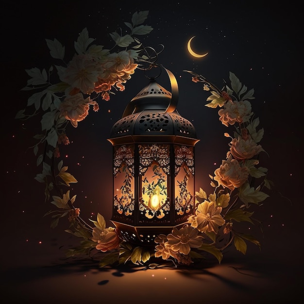 ramadan kareem and eid mubarak with mosque and lanterns