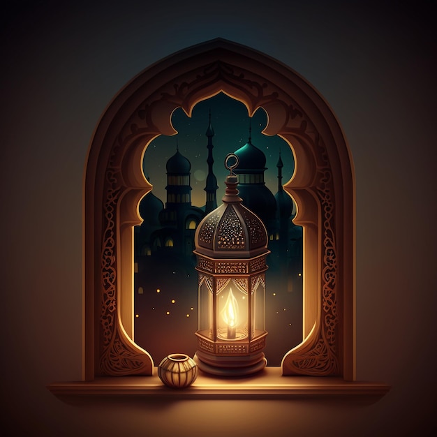 ramadan kareem and eid mubarak with mosque and lanterns