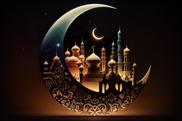 Ramadan kareem en ramadan mubarak glanzende exquise wassende maan met gebeeldhouwde moskee op nacht backgr