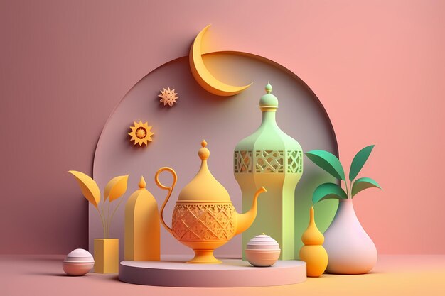 Foto ramadan kareem feest en decoratie, 3d render illustratie ontwerp