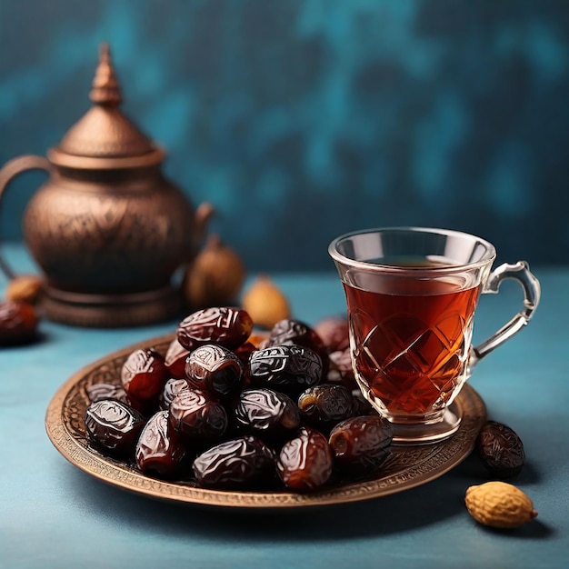 Ramadan kareem festival dates at bowl with a cup of bl