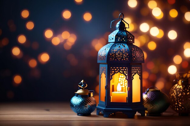 Ramadan Kareem Festive decorative lantern with burning candle on bokeh background