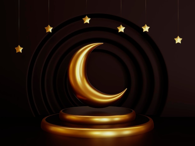 Ramadan Kareem golden crescent moon symbol with stars on podium with black background 3d rendering