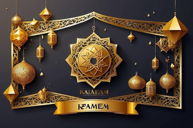 Photo ramadan kareem golden greeting banner illustration design template with golden 3d element 2024