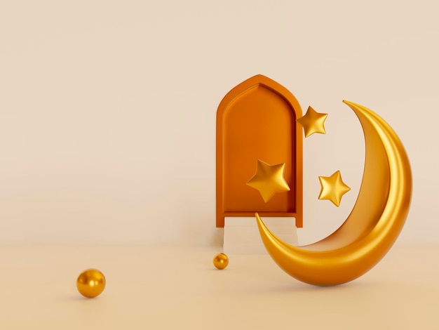 Ramadan Kareem gouden wassende maan symbool met sterren moslim vakantie 3d rendering illustratie