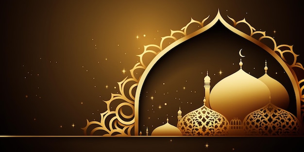 Ramadan Kareem greeting background with mosque and golden ornate frame