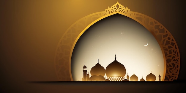 Ramadan Kareem greeting background with mosque and golden ornate frame