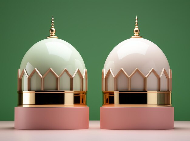 Ramadan kareem greeting card 3d rendering of mosque on green background
