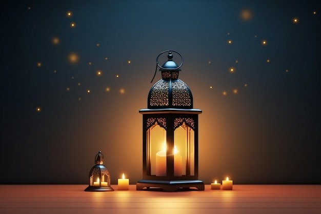 Ramadan Kareem greeting card Arabic lantern on wooden table