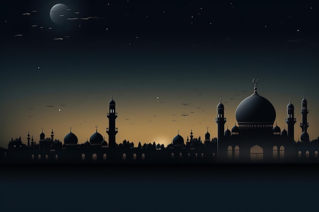 Photo ramadan kareem greeting card design with mosque and moon in sky