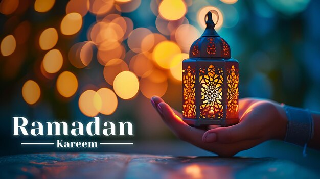 Ramadan Kareem greeting card design with Ornamental Arabic lantern glowing at night