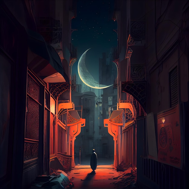 Ramadan Kareem greeting card Muslim woman walking in the night street