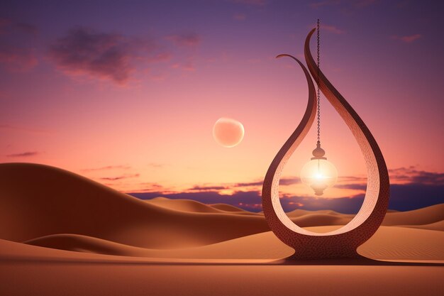 Ramadan Kareem greeting card with arabic lantern in desert