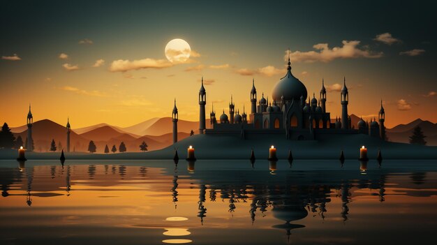 イスラム・モスクと雲の空を描いたラマダン・カリーム祝賀カード