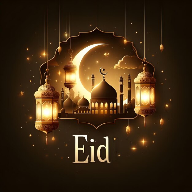 Карта с поздравлениями на Рамадан с мечетью, фонарями и луной