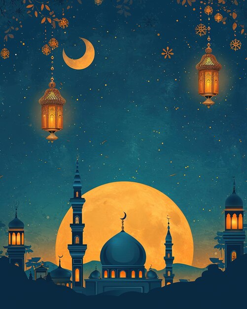 Ramadan Kareem greeting card with mosque moon and lanterns