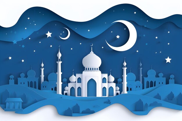 Foto cartella di auguri ramadan kareem con moschea e luna stile di taglio su carta illustrazione vettoriale