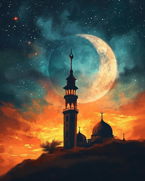 Ramadan Kareem greeting card with mosque and moon