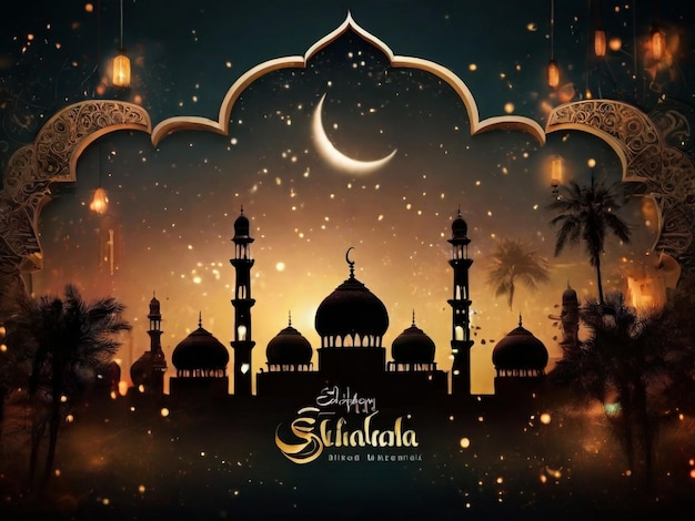 Ramadan Kareem greeting card with mosque and night sky