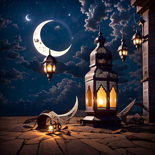 Ramadan Kareem Greeting Design with Crescent Moon and Lantern