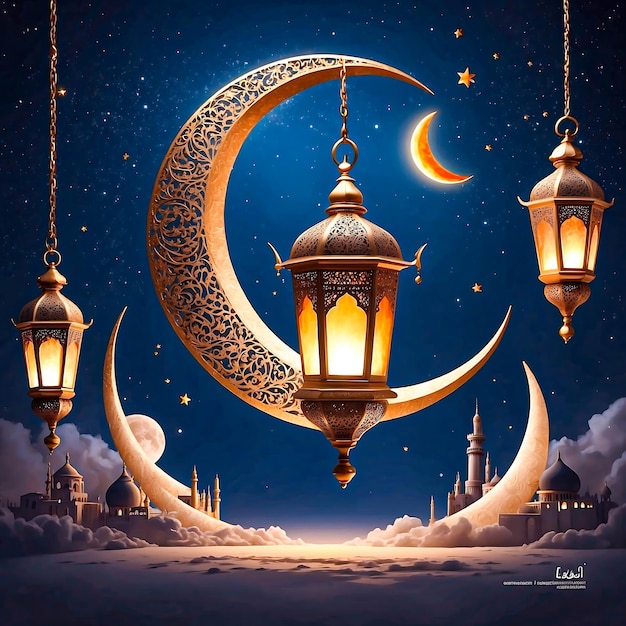 Ramadan Kareem Greeting Design with Crescent Moon and Lantern