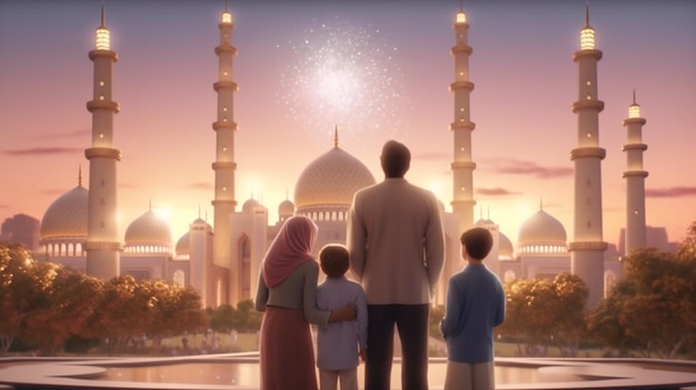 Ramadan Kareem greeting Family looking at mosque