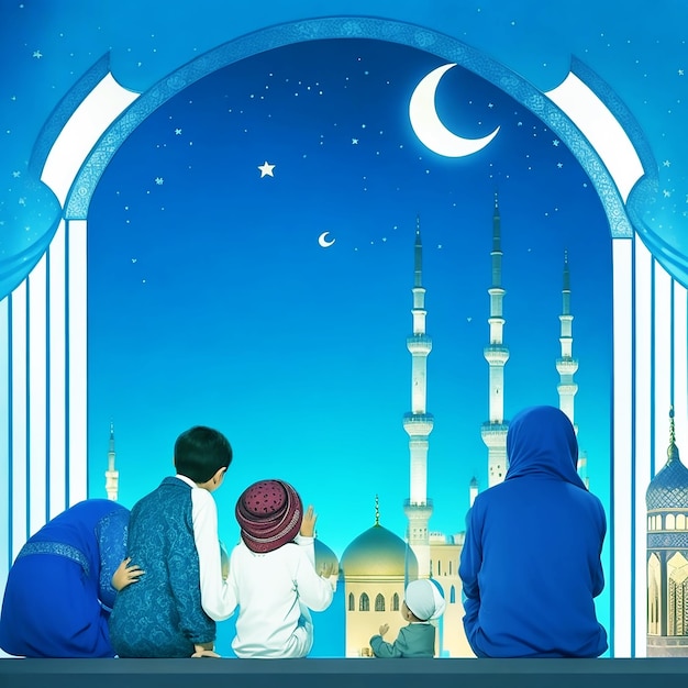 Ramadan Kareem greeting Family at window looking at Islamic city with mosque skyline crescent