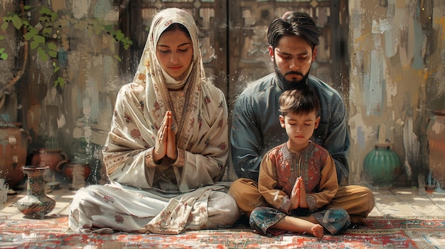 Photo ramadan kareem greeting muslim parents and children pray celebrate end of fasting