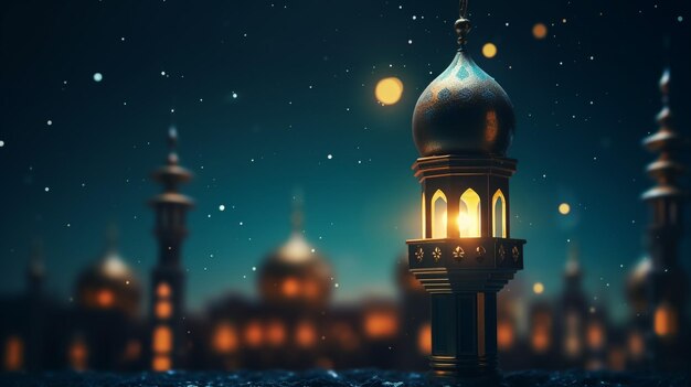 Ramadan kareem greeting photo of beautiful arabic lantern and mosque in the background representing the islamic holy month