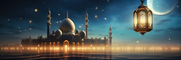 Ramadan Kareem greeting photo with serene mosque background with beautiful glowing lantern