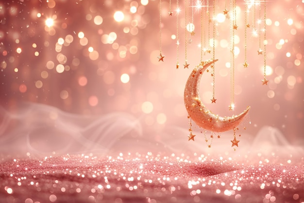 Photo ramadan kareem greeting poster design pastel pink and peach colours glitter with moon and stars