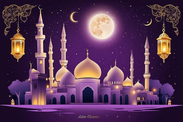 Ramadan Kareem greeting with mosque and arabic lantern hanging