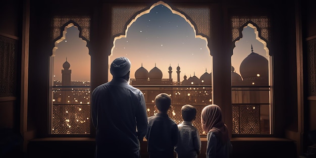 ramadan kareem greetings and family bonding a heartwarming photography of a family viewing a mosque