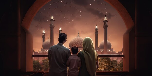 ramadan kareem greetings and family bonding a heartwarming photography of a family viewing a mosque