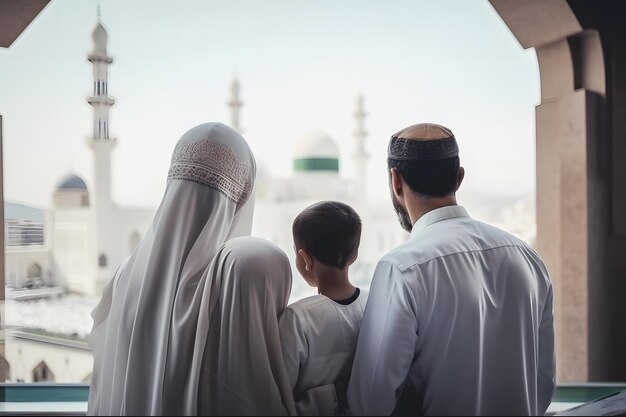 Ramadan Kareem Greetings and Family Bonding A Heartwarming Photography of a Family Viewing a Mosque