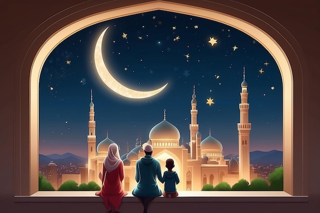 Ramadan Kareem groet Familie bij het raam kijkt naar de islamitische stad met moskee skyline