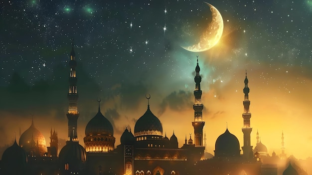 Ramadan Kareem groet foto met serene moskee achtergrond met een prachtige gloeiende lantaarn