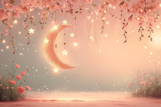 Ramadan Kareem groet poster ontwerp pastel Roze en perzik kleuren glitter met maan en sterren