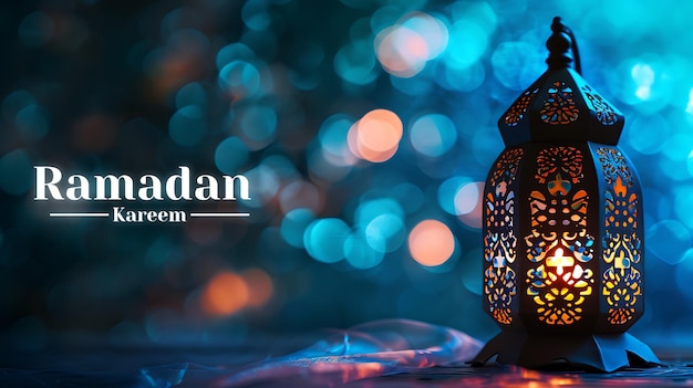 Ramadan Kareem groeten kaart ontwerp met Ornamentele Arabische lantaarn gloeien in de nacht